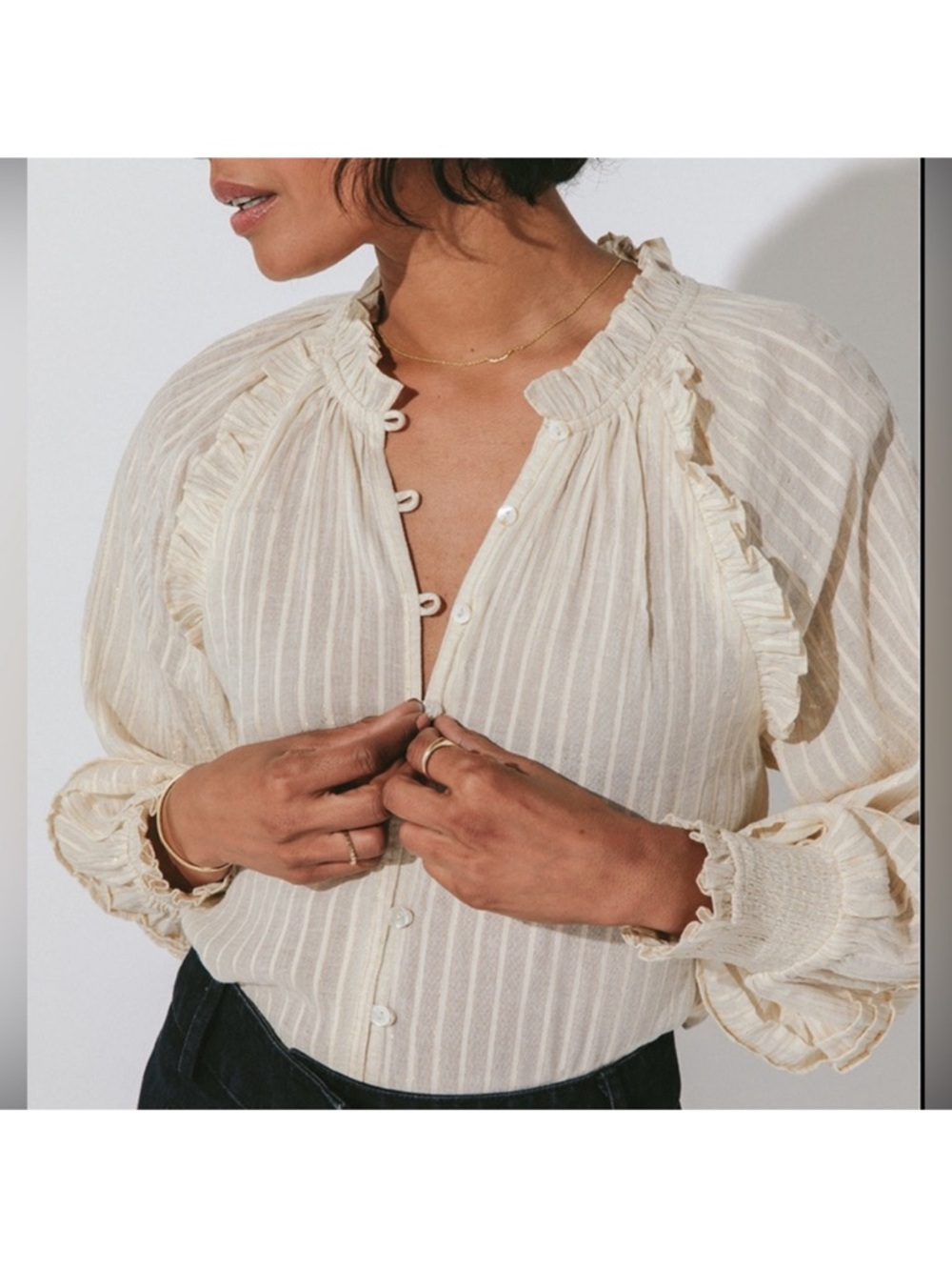 Cleobella Cream Ari Metallic Sparkle Stripe Ruffled Long Sleeve Peasant Blouse S - Picture 3 of 14